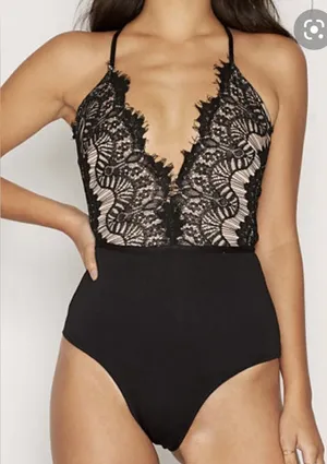 Black Lace Plunge V Bodysuit thumbnail 1