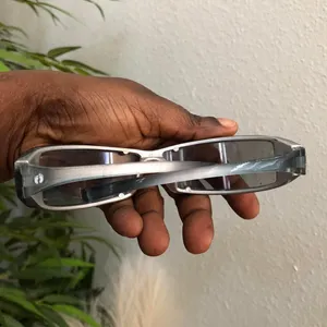 Unisex Retro Futuristic Rectangular Wraparound Rimless Sunglasses Silver Grey Clear Vintage 90 w/ screw metal screws accents sporty streetwear #goth #grunge thumbnail 5