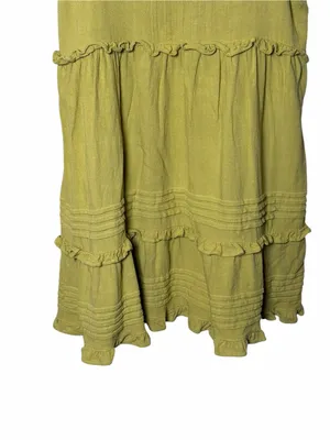 Olive Green Linen Blend Boho Tiered Ruffle Babydoll Mini Dress Small Sundress thumbnail 5