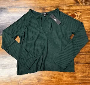 Lulus Dark Green Ribbed Split Neck Long Sleeve Top Size XS NWT thumbnail 1