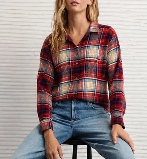 American Eagle Outfitters Red/White Checkered Slim Fit Button-Down Shirt thumbnail 1