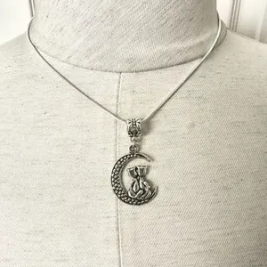 Silver tone cats sitting on moon pendant necklace Silver thumbnail 1