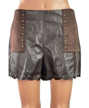 NEW Anthropologie Brown High Rise Faux Leather Vegan Studded Mini Shorts Size 6 thumbnail 1