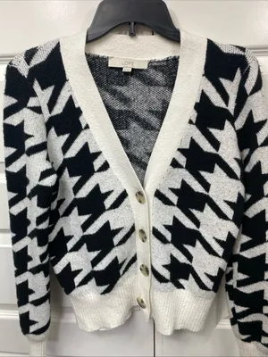 Loft Ivory Black Houndstooth V-Neck Button Front Cardigan Sweater XS Extra Small thumbnail 1