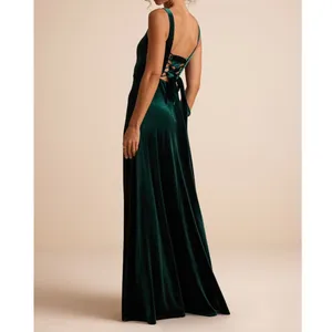 NEW Lulus Graceful Invite Emerald Velvet Square Neck Lace-Up Maxi Dress Medium thumbnail 5