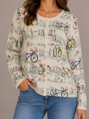 Charter Club Retro Bicycle and Garden Button Up Cardigan, Size L thumbnail 1
