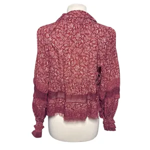 ANTHROPOLOGIE Women’s Boho Red Floral Lace Vneck Long Sleeve Top thumbnail 7