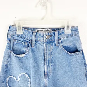 SOCIAL TOURIST Blue Ultra High Rise Baggy Hearts Patches Wide Leg Jeans 26 Boho thumbnail 9