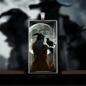 1pc Witch & Crow Pattern Rectangular Pendant Necklace Exquisite Silver Plated‎ thumbnail 9