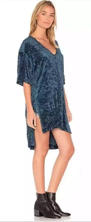 Free People Tunic Dress Womens Teal Crushed Velvet V-Neck High‎ Low XS thumbnail 1