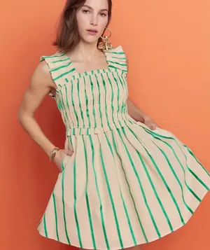 ANTHROPOLOGIE ENGLISH FACTORY Sleeveless Cream Dress with Green Stripes thumbnail 1