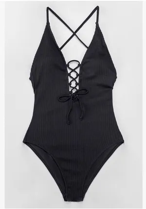 CUPSHE Black Ribbed V-neck lace up one piece swimsuit small NEW thumbnail 2