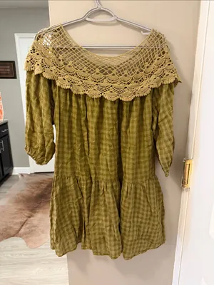 Entro Olive Green Gingham & Crochet Boho Tunic Dress S thumbnail 7