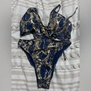 SHEIN Blue and Gold One Piece Swimsuit thumbnail 6