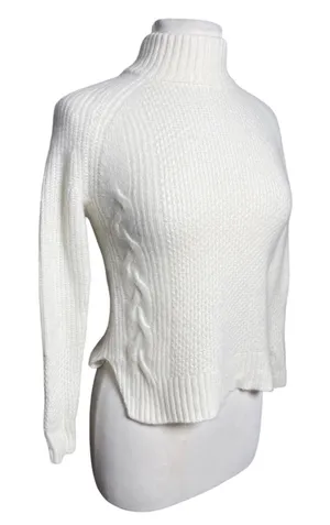 GRIFFIN Cashmere Women’s Cream Cableknit Mock Neck Pullover Sweater thumbnail 1