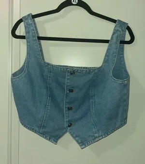 Yesfashion Denim Button-Front Crop Tank Top - Light Blue thumbnail 1