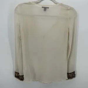 Zara Trafaluc Cream Sheer Blouse Beaded Sequin Cuff Split V-Neck Party XS thumbnail 3