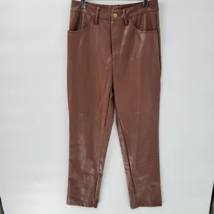 Faux Leather Pants Medium Brown High Waist Straight Leg Zip Casual Chic Club thumbnail 5