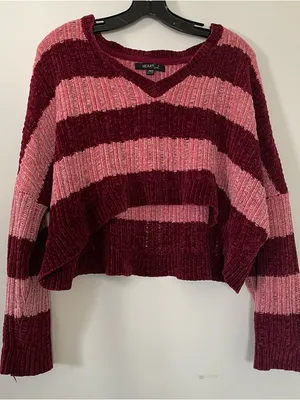 Heart soul Pink Red Striped Cropped Knit Sweater Large Cozy Soft thumbnail 1