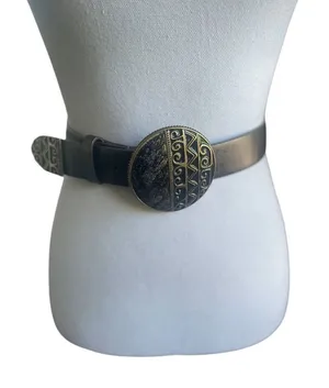 Chicos Leather Black Gold Metallic Large Buckle Belt Size S Retro thumbnail 1