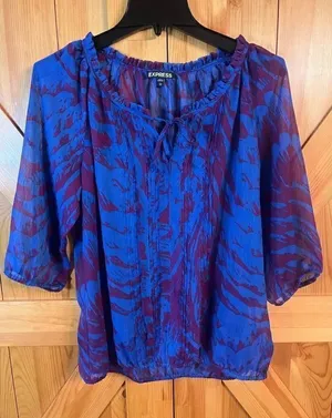 Express Purple Blue Printed Cocktail Evening Career Blouse Top SZ large (1962) thumbnail 1