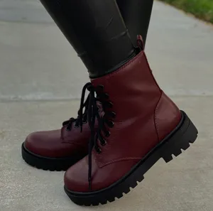 Burgundy/wine Lace Up Combat Boots thumbnail 1