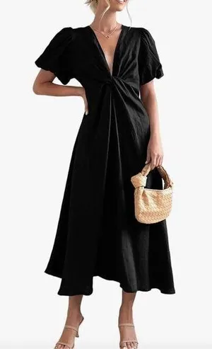 NEW 100% Cotton Puff Sleeve Twist Front V Neck Maxi Dress L thumbnail 1