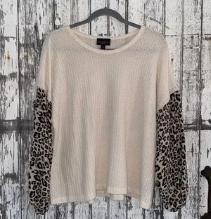 Cream waffle knit with cheetah sleeves top thumbnail 1