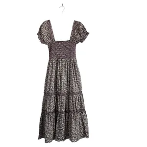 CAARA Smocked tiered Midi dress puff sleeves Ditsy floral Sz M Romantic chic thumbnail 2