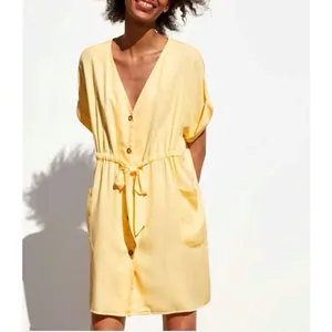 Zara Button Front Tie Waist Shirt Dress‎ Yellow XS Cap Sleeve thumbnail 2