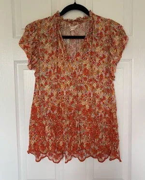 Solitaire Orange Tangerine Floral Eyelet Blouse Size Large thumbnail 1