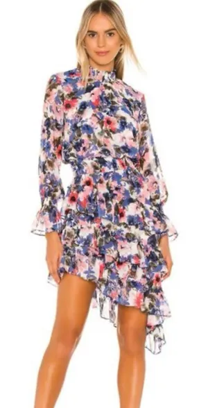 Misa Los Angeles Savanna Floral Asymmetrical Ruffle Layer Dress Size M Mock Neck thumbnail 1