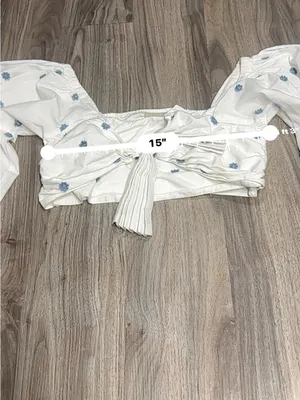 FARM Rio White Puff-Sleeve Crop Top with Blue flowers Print. thumbnail 13