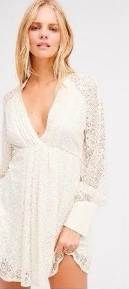Free People Ivory White Uptown Lace Long Sleeve Mini Dress thumbnail 1