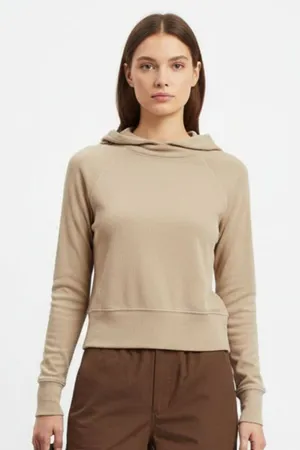Mono B Tan Ribbed Full Out Barre Print Long sleeve Hoodie Crop Top NEW L thumbnail 1