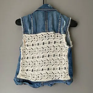 Free People XS Blue Denim Vest Crochet Boho Cowgirl‎ Country Jacket thumbnail 6