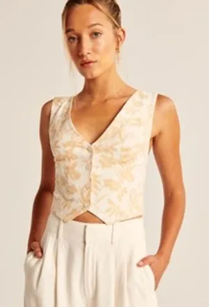 ABERCROMBIE & FITCH Linen Blend Vest Size Medium‎ Orange Floral Coastal Boho thumbnail 1