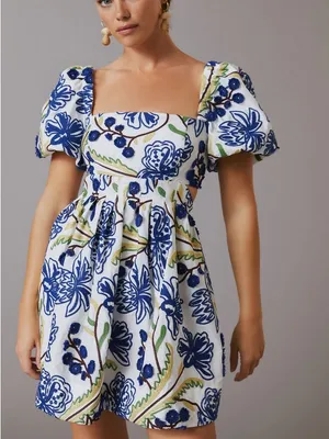 Anthropologie Puff-Sleeve Babydoll Mini Dress Embroidered Floral Medium thumbnail 2
