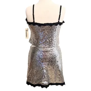 No Boundaries Sequin Cropped Skirt Set Sz L Silver Black Lace Trim Party Glam thumbnail 2