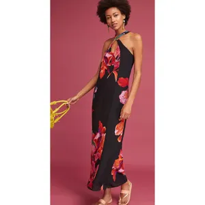 Maeve Anthropologie Cayman Silk Maxi Dress Womens Large Black Floral‎ Resort thumbnail 3
