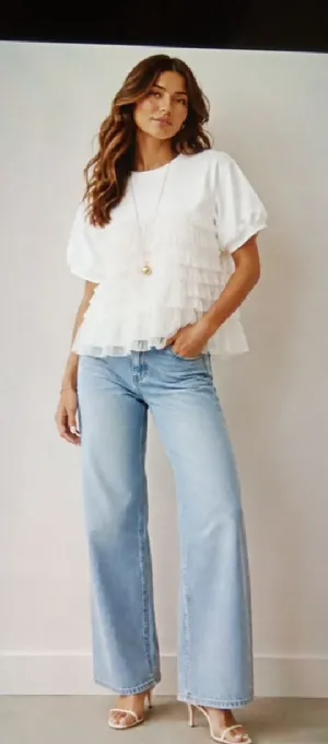 Maeve Short Sleeve Smocked Ruffled Sweatshirt Boxy Balletcore Fairy Cottage XxS thumbnail 1