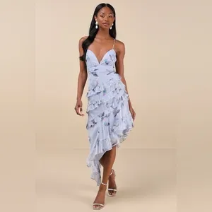 NEW Lulus Saveria Light Blue Floral Ruffle Asymmetrical Maxi Dress XS Party thumbnail 2