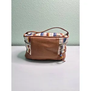 Striped Makeup Cosmetic Zipper with Handle‎ Beads Bag Brown thumbnail 2