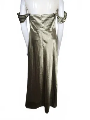 Birdy Grey Mia Moss Green Satin Off-Shoulder Evening Dress with Slit (L) thumbnail 5