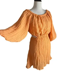 VICI Womens Open Back Balloon Sleeve Mini Dress Size S Orange Crinkle Textured thumbnail 4