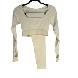 Ribbed‎ Long Sleeve Crop Top Thumbhole Leggings Set Workout Athleisure Cream M thumbnail 9