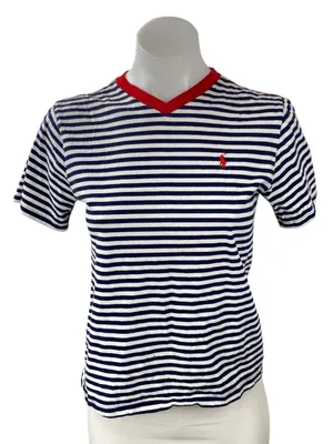 Polo Ralph Lauren White Navy Striped V Neck Short Sleeve Basic Tee T-Shirt Top S thumbnail 1