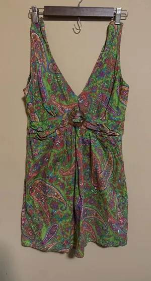 100% Cotton Paisley Mini Dress Green Boho V-Neck Wooden Ring Womens M western‎ thumbnail 1