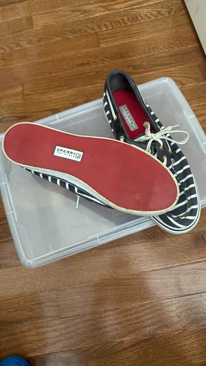 Sperry Black & White Striped Canvas Boat Shoes with Red Insole thumbnail 27