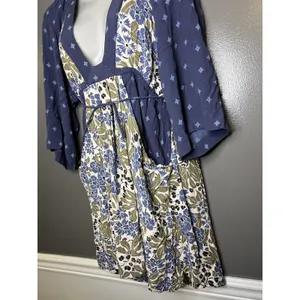 Free People Dress Womens Medium Blue Floral V Neck Kimono Sleeve Boho Short thumbnail 4